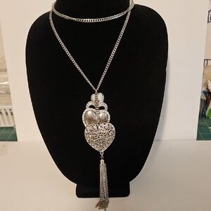 32" Silvertone & Rhinestone Multi Hearts Pendant Necklace